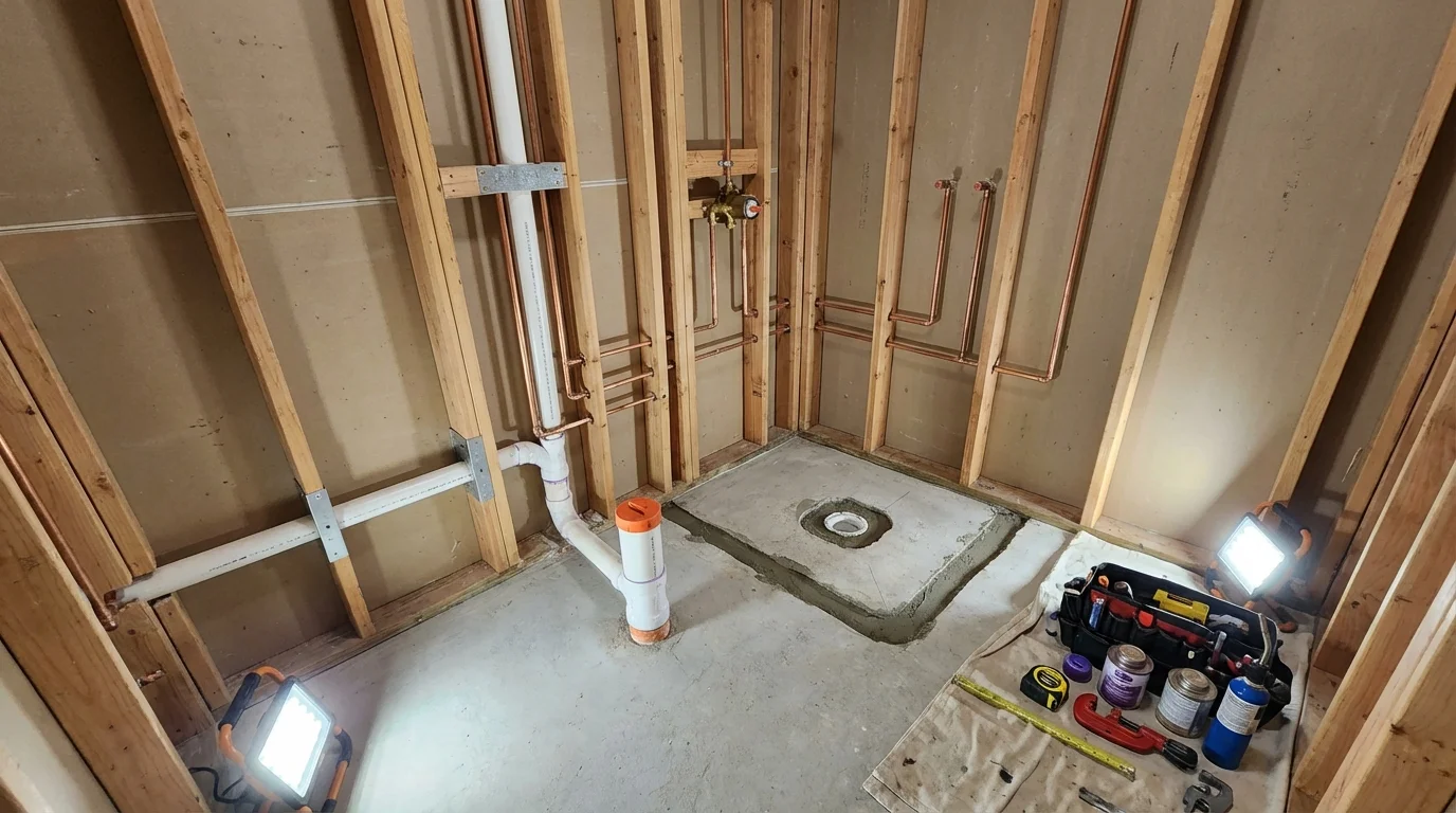 Bathroom rough-in plumbing during remodel by Johns Plumbing LLC in Gideon