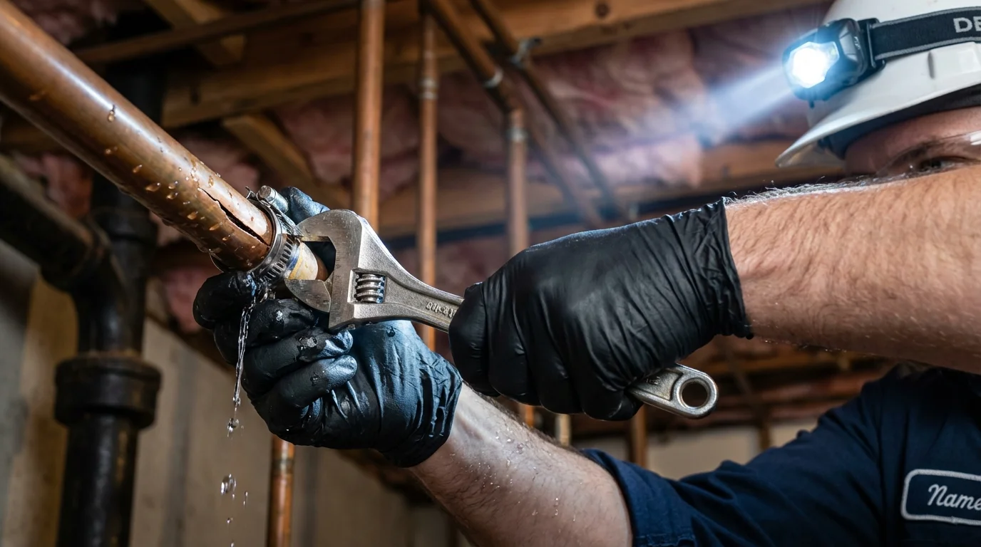 Emergency pipe clamp repair being performed by a Johns Plumbing LLC plumber in Gideon