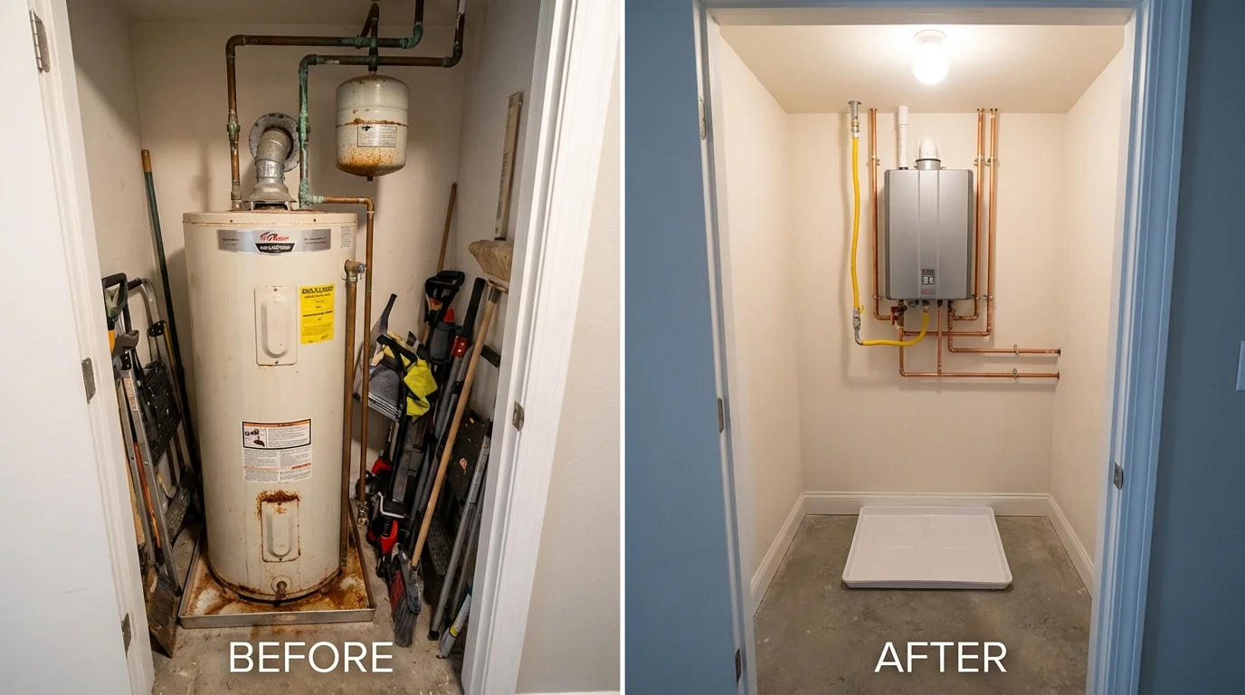 Tank water heater versus wall-mounted tankless unit comparison for Gideon, MO homeowners