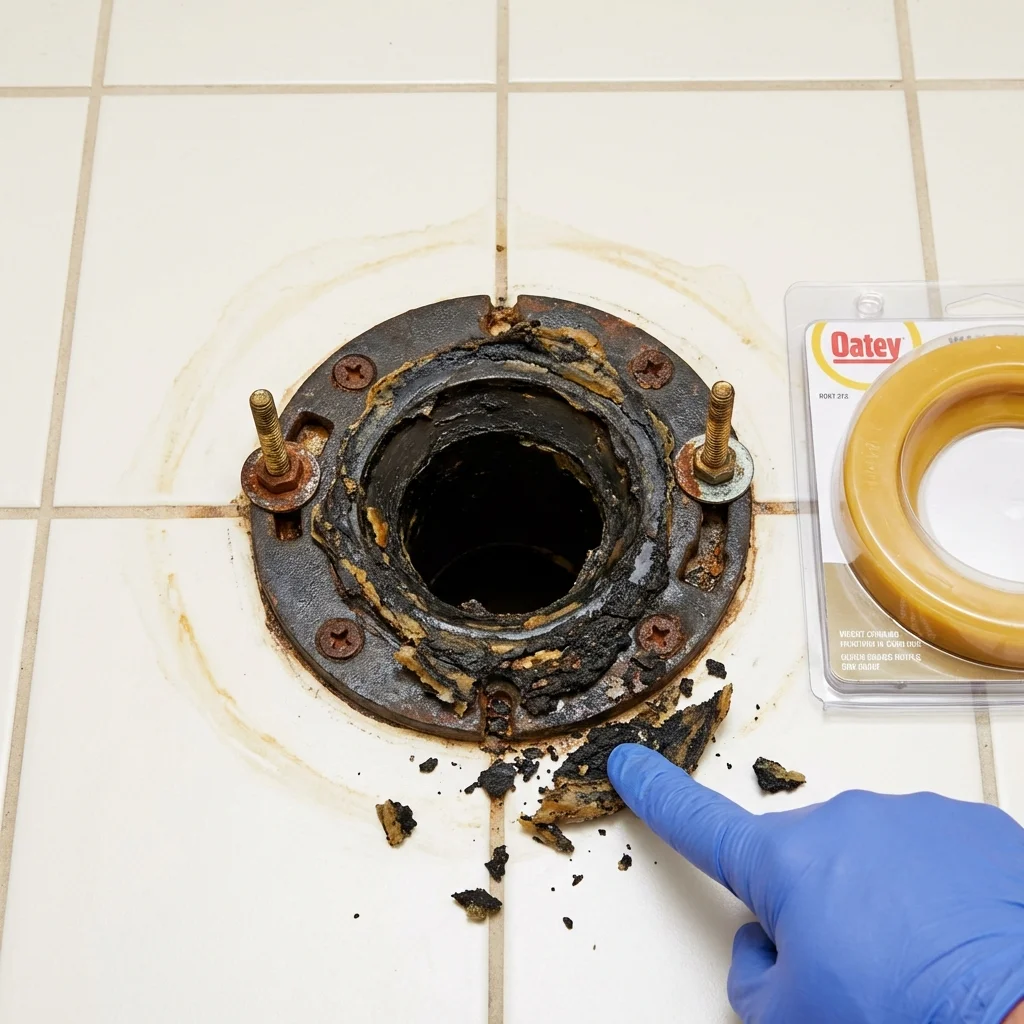 Failed wax ring showing water seepage at the base of a toilet in a Gideon, MO home