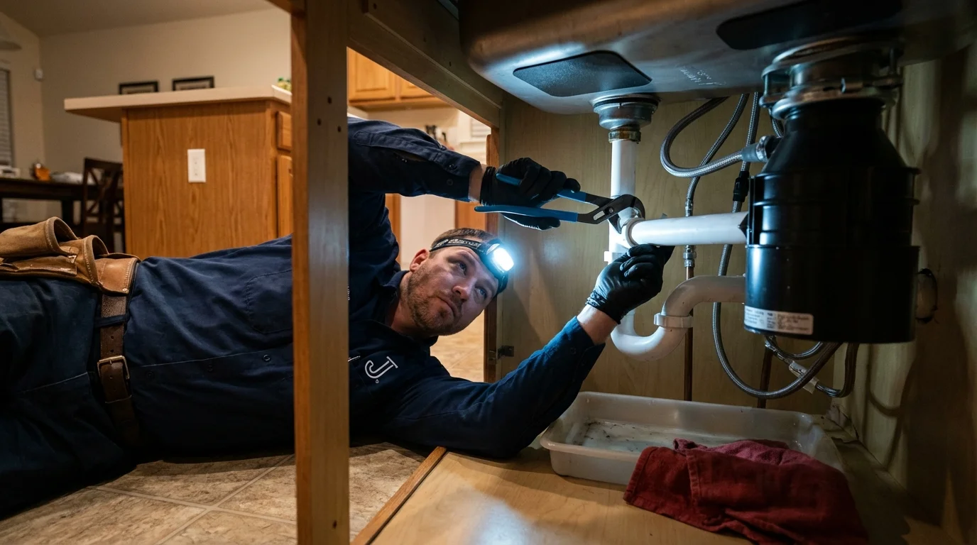 P-trap and supply line connections under a kitchen sink showing a common leak point in Gideon, MO